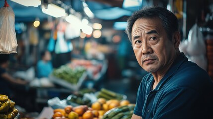 Asian Man Market stall Owner. Merchant Selling working in Market stall, looking at camera. Startup successful small business owner. Small and Medium Enterprises concept. 