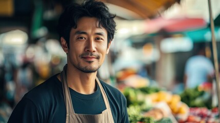 Asian Man Market stall Owner. Merchant Selling working in Market stall, looking at camera. Startup successful small business owner. Small and Medium Enterprises concept. 