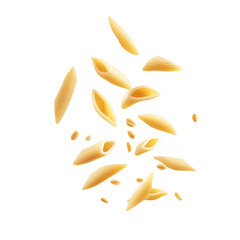  Falling raw Penne Rigate, uncooked Italian Pasta, isolated on white background, full depth of field [Transparent Background PNG].