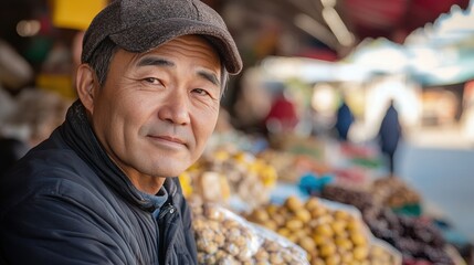 Asian Man Market stall Owner. Merchant Selling working in Market stall, looking at camera. Startup successful small business owner. Small and Medium Enterprises concept. 