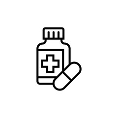Medicine bottle and pill icon. Pharmacy and healthcare symbol. Vector illustration.