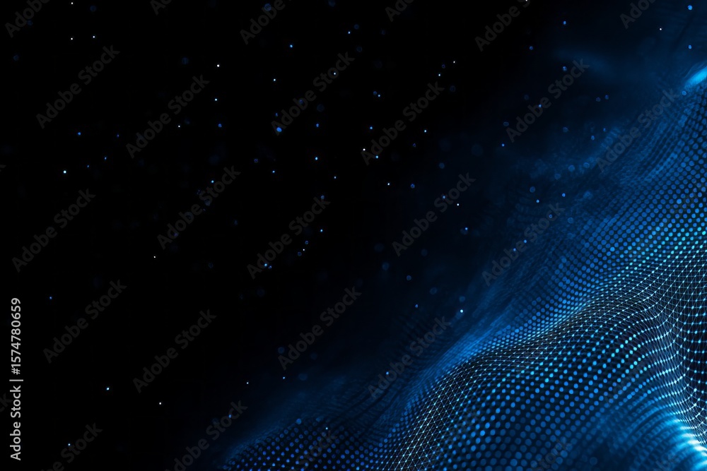 Poster intricate blue network floating in deep space, data visualization concept with luminous particles il