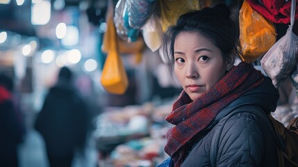 Asian Woman Market stall Owner. Merchant Selling working in Market stall, looking at camera. Startup successful small business owner. Small and Medium Enterprises concept. 