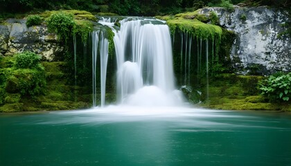 Beautiful cascading waterfall with vibrant green moss on rocks, flowing into a clear turquoise pool.