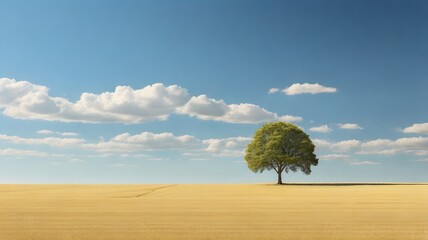 Solitary Tree in a Golden Wheat Field Under a Clear Sky