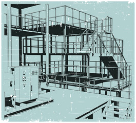 Industrial production interior. Metal stairs platforms and equipments retro poster