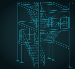 Industrial staircase isometric drawing illustration