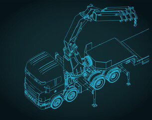 Truck with self loader mounted crane and semi-trailer isometric blueprint