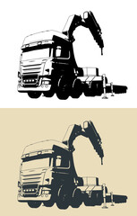 Truck with self loader mounted crane and semi-trailer illustrations
