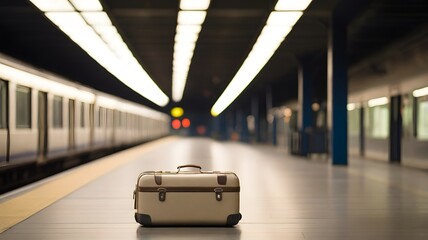 Beige Suitcase Abandoned on Train Platform