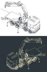 Truck with self loader mounted crane and semi-trailer isometric drawings