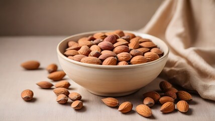 Almonds in a Bowl with Scattered Nuts and Neutral Background Fabric