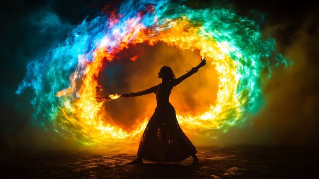 A woman performer dances with fire, creating a vibrant, colorful halo against a smoky background. - Powered by Adobe