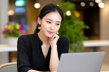 Asian woman in black blouse is thoughtfully working on a laptop in a modern office environment with plants and soft lighting, showcasing a professional and focused atmosphere