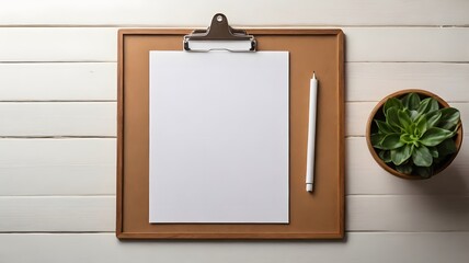 Minimalist Workspace: Clipboard, Paper, Pen, and Succulent on White Wood