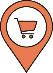 Orange location pin icon featuring a shopping cart symbol.