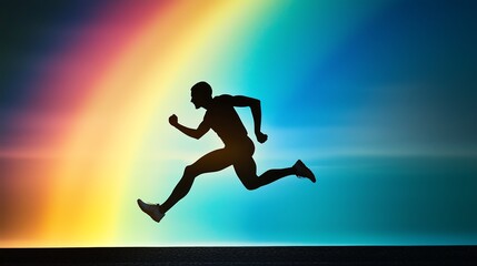 Silhouette of a Black male athlete sprinting against a vibrant rainbow background.