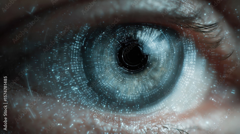 Poster biometric retinal scanner uncovering hidden fraud scheme with flashing data on screen