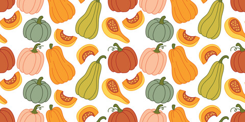 Seamless repeating pattern of pumpkins and squash in assorted shapes and colors. Autumn harvest background design