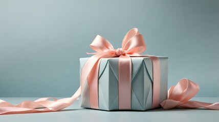 Elegant Gift Box with Peach Ribbon on Soft Blue Background