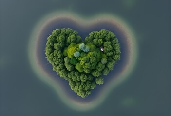 Heart-shaped island of lush green trees surrounded by calm water, symbolizing love for nature.