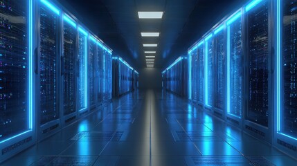Modern data server room with glowing blue lights, futuristic technology infrastructure, secure data storage, server racks, cloud computing, data center, internet, technology, cybersecurity