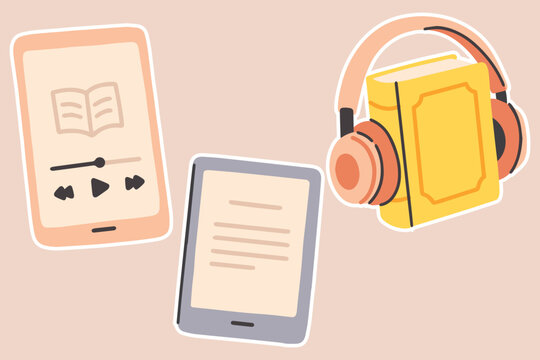 Audiobook player with headphones, tablet screen, and mobile device showing digital books. Illustration of hybrid reading tools and education technology