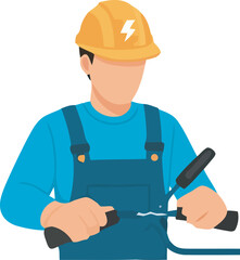 An electrician wearing a hard hat is connecting electrical wires carefully.