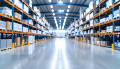 Fototapeta premium A long, blurred warehouse aisle with industrial shelving stacked with boxes, emphasizing depth and logistics operations.