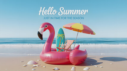 Relax on the sandy beach with a flamingo inflatable, surfboard, and beach chair, enjoying a summer vacation by the blue ocean.