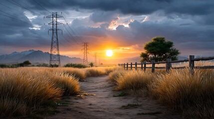Sunset behind a dense row of electric pylons crossing a semi-arid landscape, with glowing sky tones reflecting off metal structures.