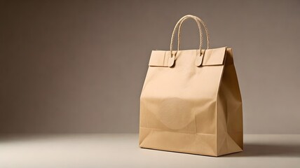 Minimalist brown paper bag with rope handles on a neutral background, studio shot