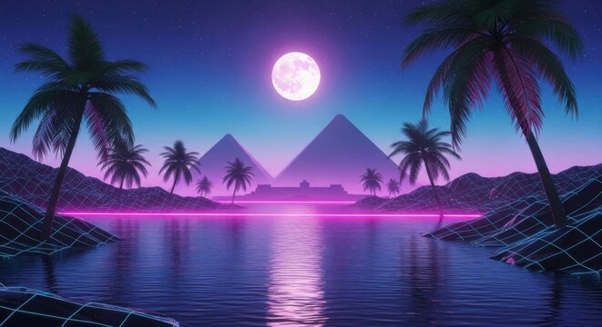 Retro Futuristic Egyptian Pyramids Oasis Under a Vibrant Neon Sky