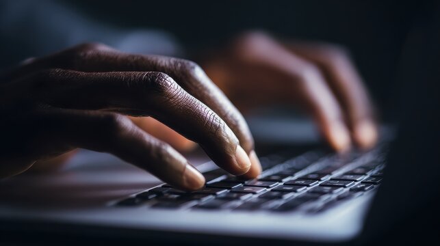 A close up shot of a person typing on a laptop. This image can be used to depict technology, work, or productivity