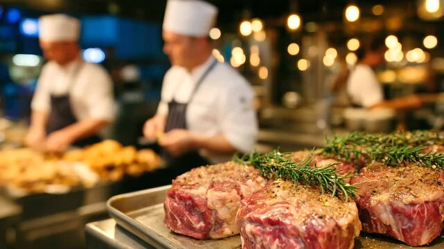 A butcher shop displaying premium cuts under cool lighting, with butchers at work in the background