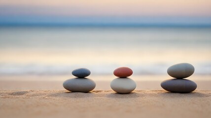 Peaceful Zen Stones Balanced on Sandy Shore at Sunrise