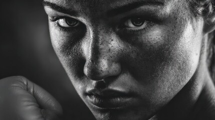 Obraz premium Black, white portrait of determined female boxer. Strong woman shows focus resilience. Fighter demonstrates power strength dedication. Represents female athletes sport boxing. Serious face during