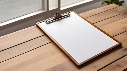 Wooden Clipboard with Blank Paper on a Light Brown Wooden Table