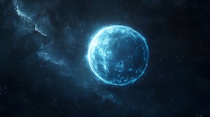 A mysterious distant planet with a glowing ethereal aura in cosmic space