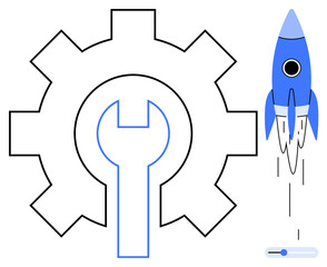 Gear with wrench for tools and maintenance alongside a blue rocket rising, slider for adjustment. Ideal for innovation, startups, technology, engineering, progress, speed optimization. Simple flat