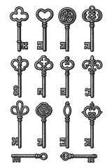 Antique Vintage Key Collection in Engraving Style – Historical Skeleton Keys and Lock Mechanisms – Transparent Background