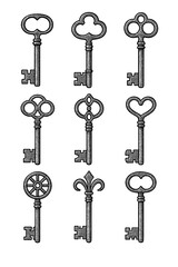 Antique Vintage Key Collection in Engraving Style – Historical Skeleton Keys and Lock Mechanisms – Transparent Background