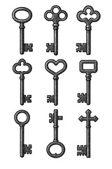 Antique Vintage Key Collection in Engraving Style – Historical Skeleton Keys and Lock Mechanisms – Transparent Background