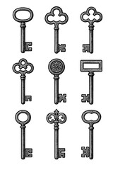 Antique Vintage Key Collection in Engraving Style – Historical Skeleton Keys and Lock Mechanisms – Transparent Background