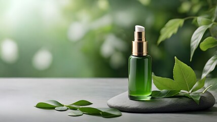 Green Serum Bottle with Leaves on Stone, Natural Skincare Concept