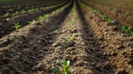 Close up of a small green plant growing in a field with rows of soil stretching into the distance 100 - Powered by Adobe
