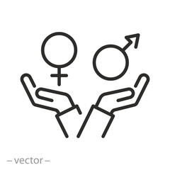 inclusion gender equity icon, help or support human, gender equality, community care, man or woman on balance, guarantee rights for both sexes, people equality save, thin line vector illustration eps1