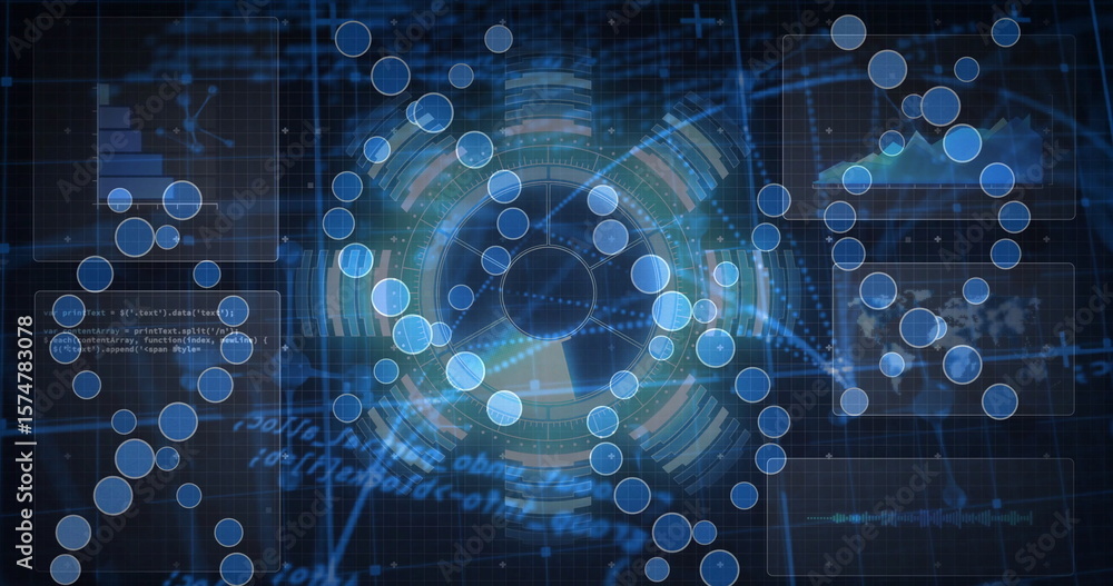 Poster Central interface glowing on blue grid with node clusters, code, bar chart, map and waveform panels