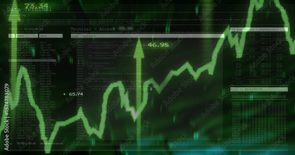 Poster displaying digital data terminal in monitoring dashboard, with login panel and rising graph overlay