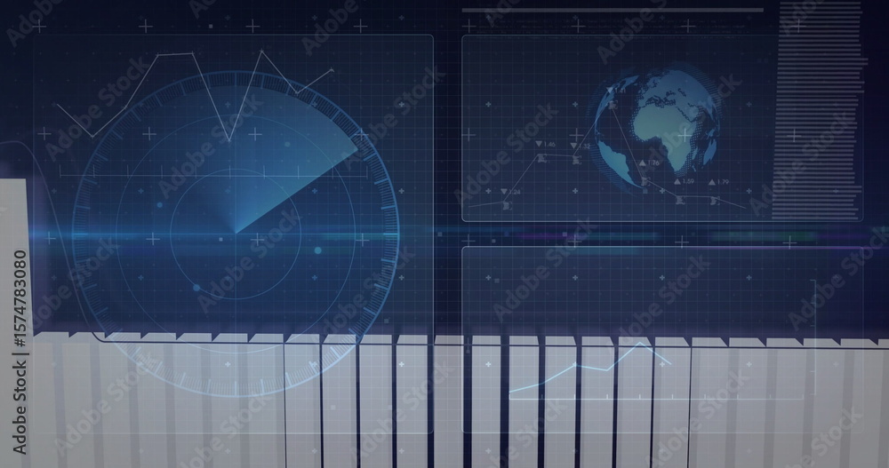 Poster displaying radar overlaying grid on dashboard, with 3d globe projection and bar chart, copy space